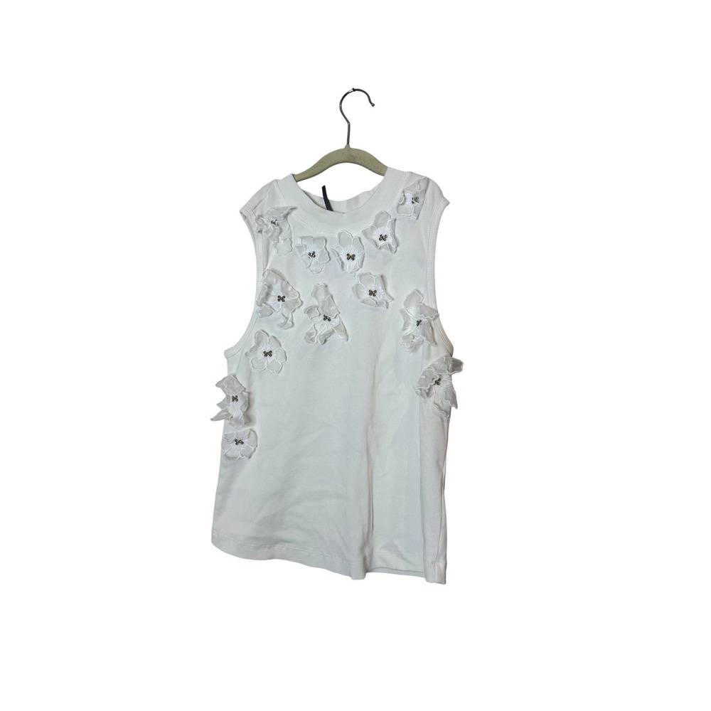 Anthropologie Tank Top Womens Large White 3D Floral Applique Beaded Knit